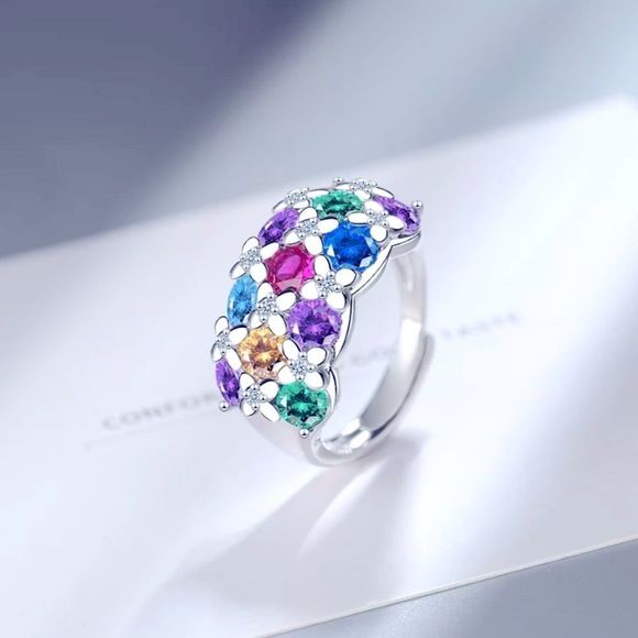 NEW! COLORFUL RAINBOW 🌈 FLORAL AUSTRIAN CRYSTAL S925 ADJUSTABLE RING! - Picture 2 of 13